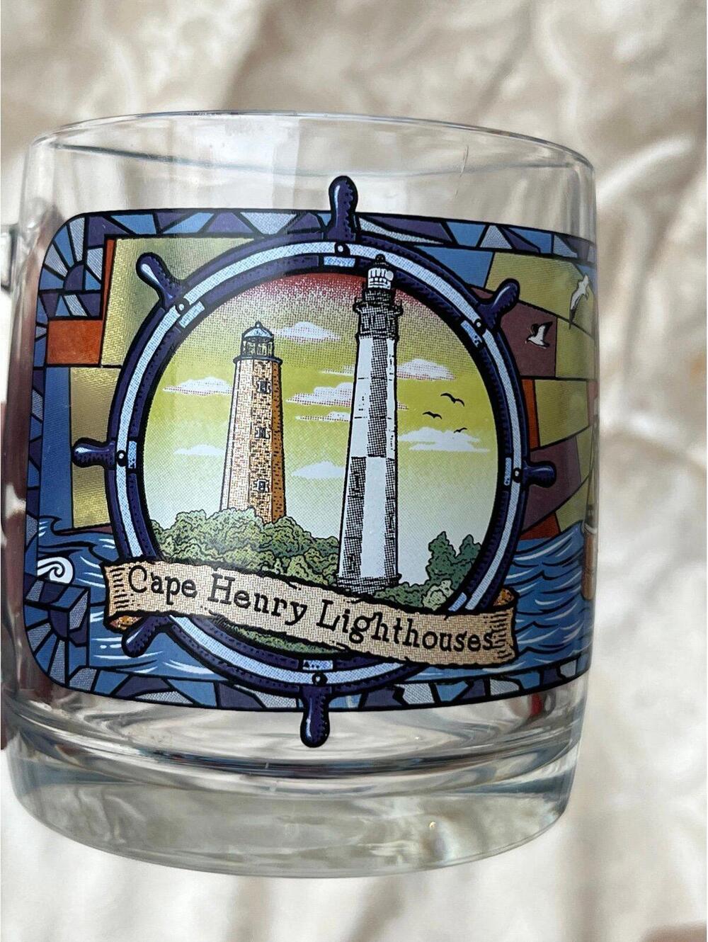 Vintage Glass Mug Virginia Cape Henry Lighthouse Stainglass Look